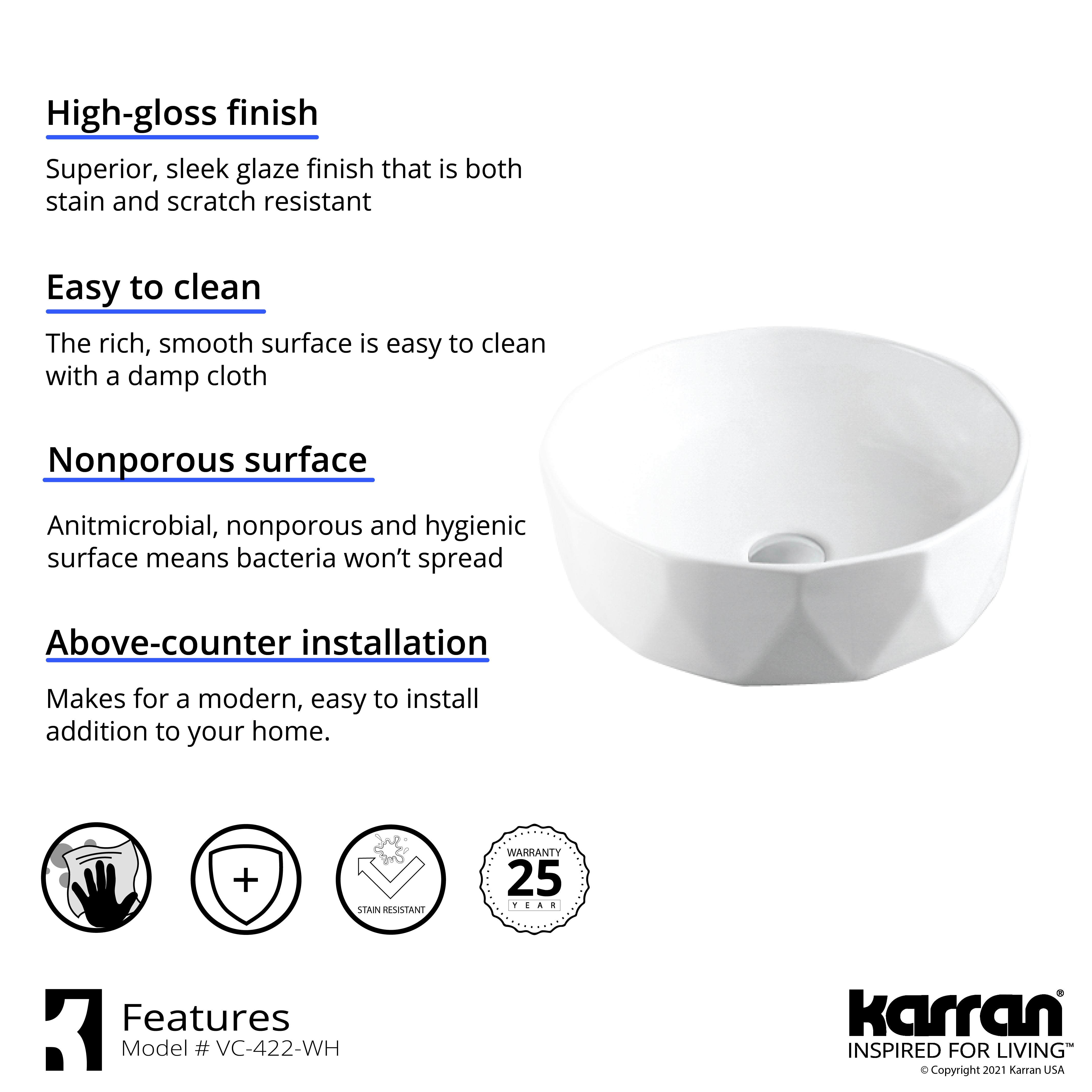 Alternate Image for Karran Valera 16.5" x 16.5" x 4.5" Round Vessel Vitreous China ADA Bathroom Sink, White, VC-422-WH