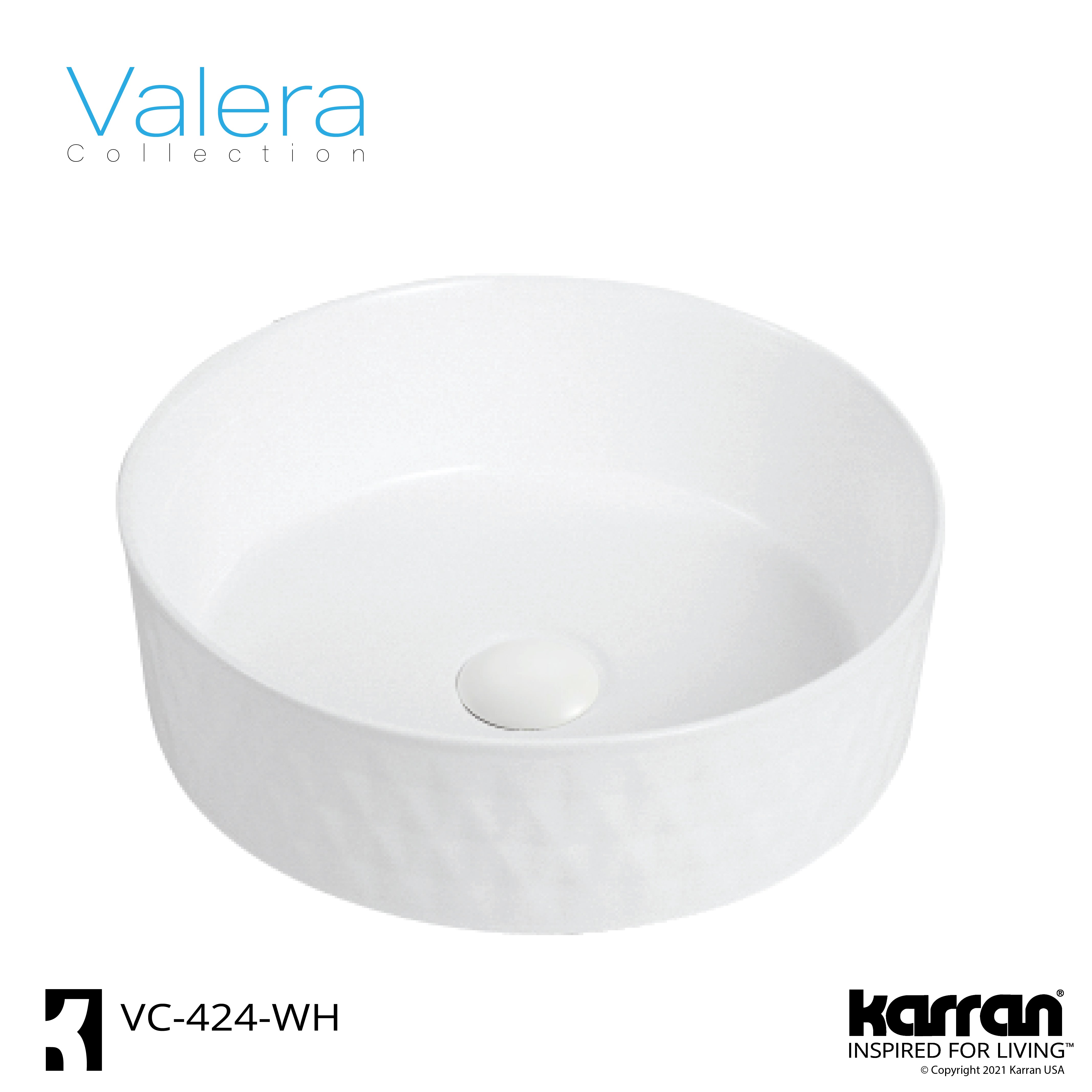 Karran Valera 14.25" x 14.25" x 4" Round Vessel Vitreous China ADA Bathroom Sink, White, VC-424-WH