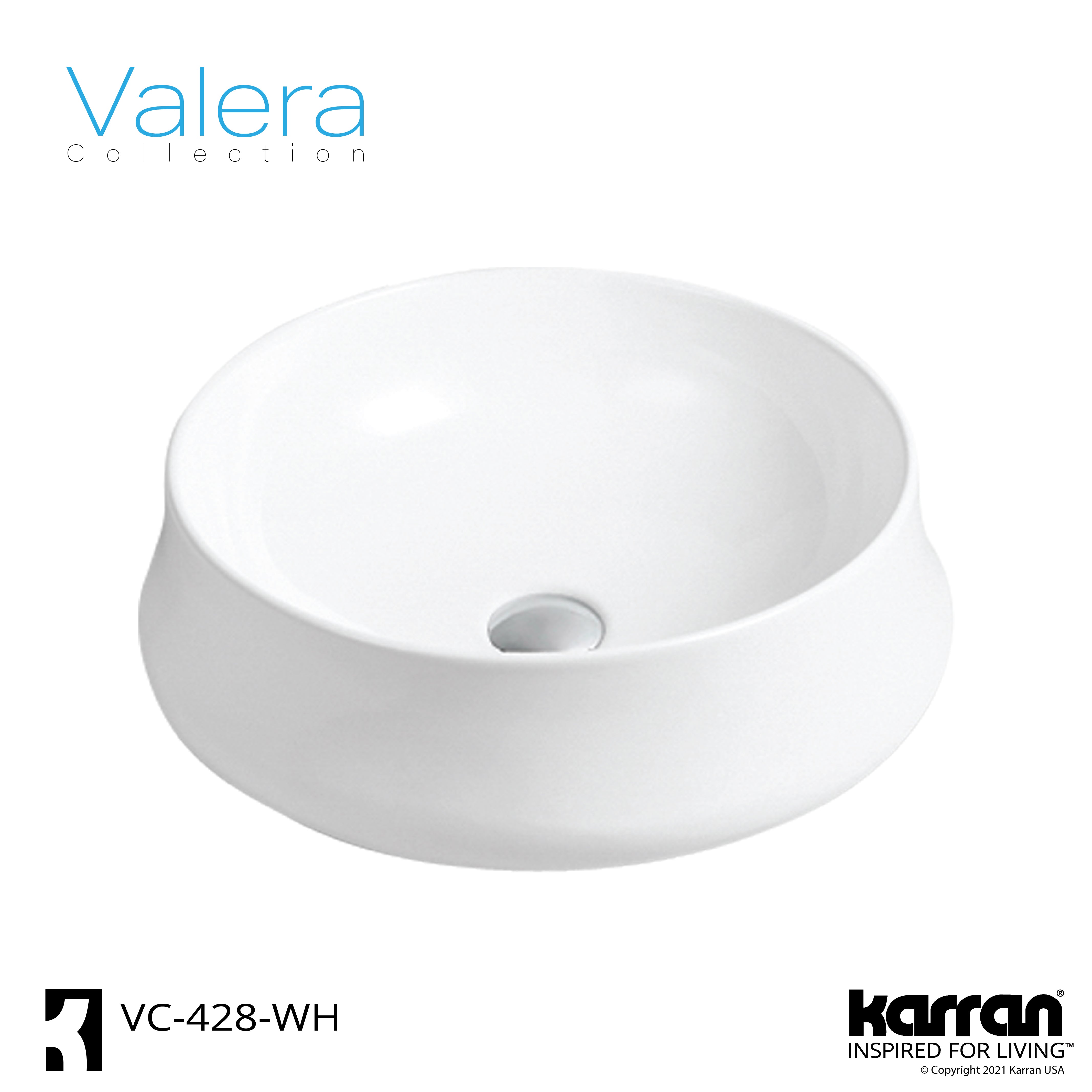 Karran Valera 18.25" x 18.25" x 4" Round Vessel Vitreous China ADA Bathroom Sink, White, VC-428-WH