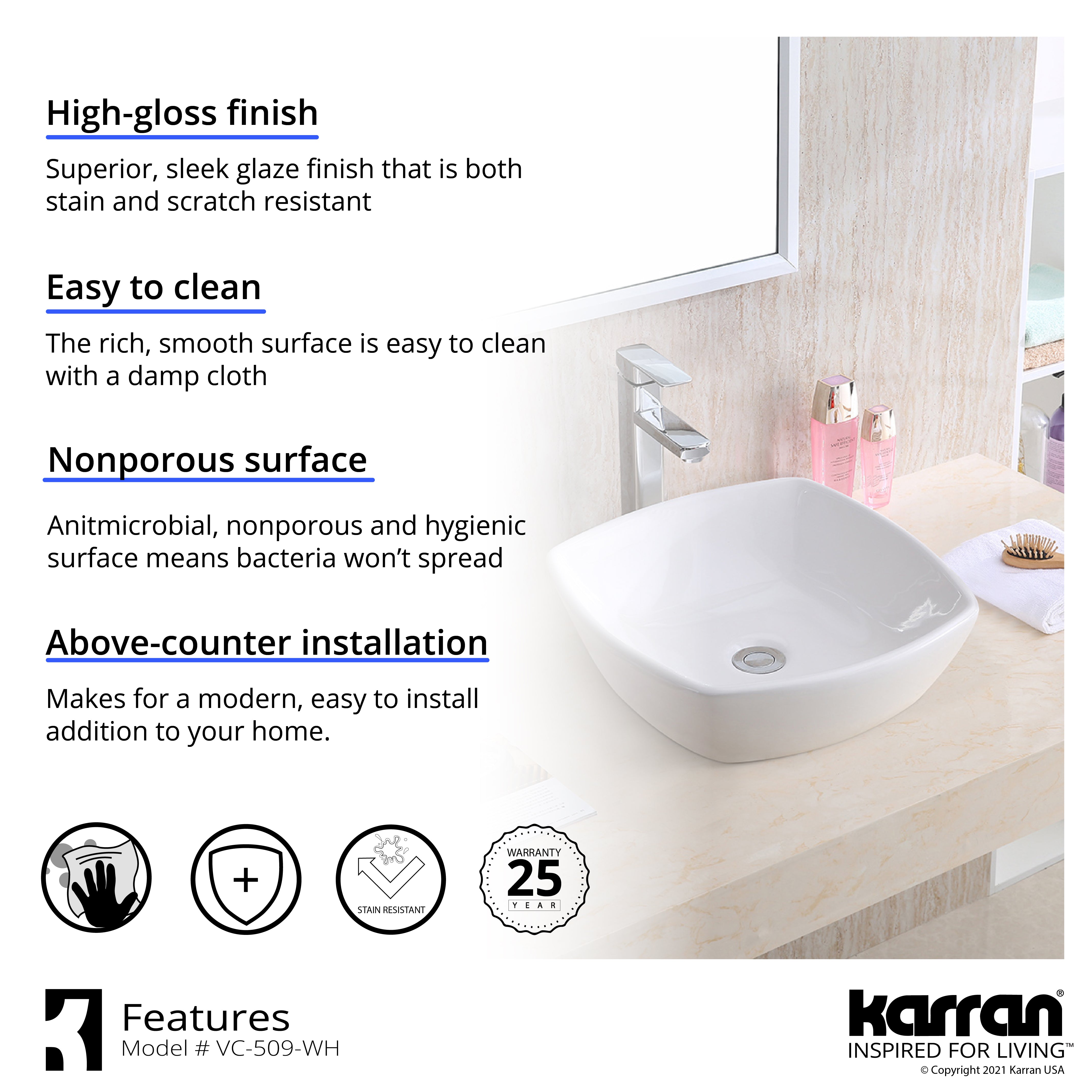 Alternate Image for Karran Valera 16.75" x 16.5" x 4" Square Vessel Vitreous China ADA Bathroom Sink, White, VC-509-WH