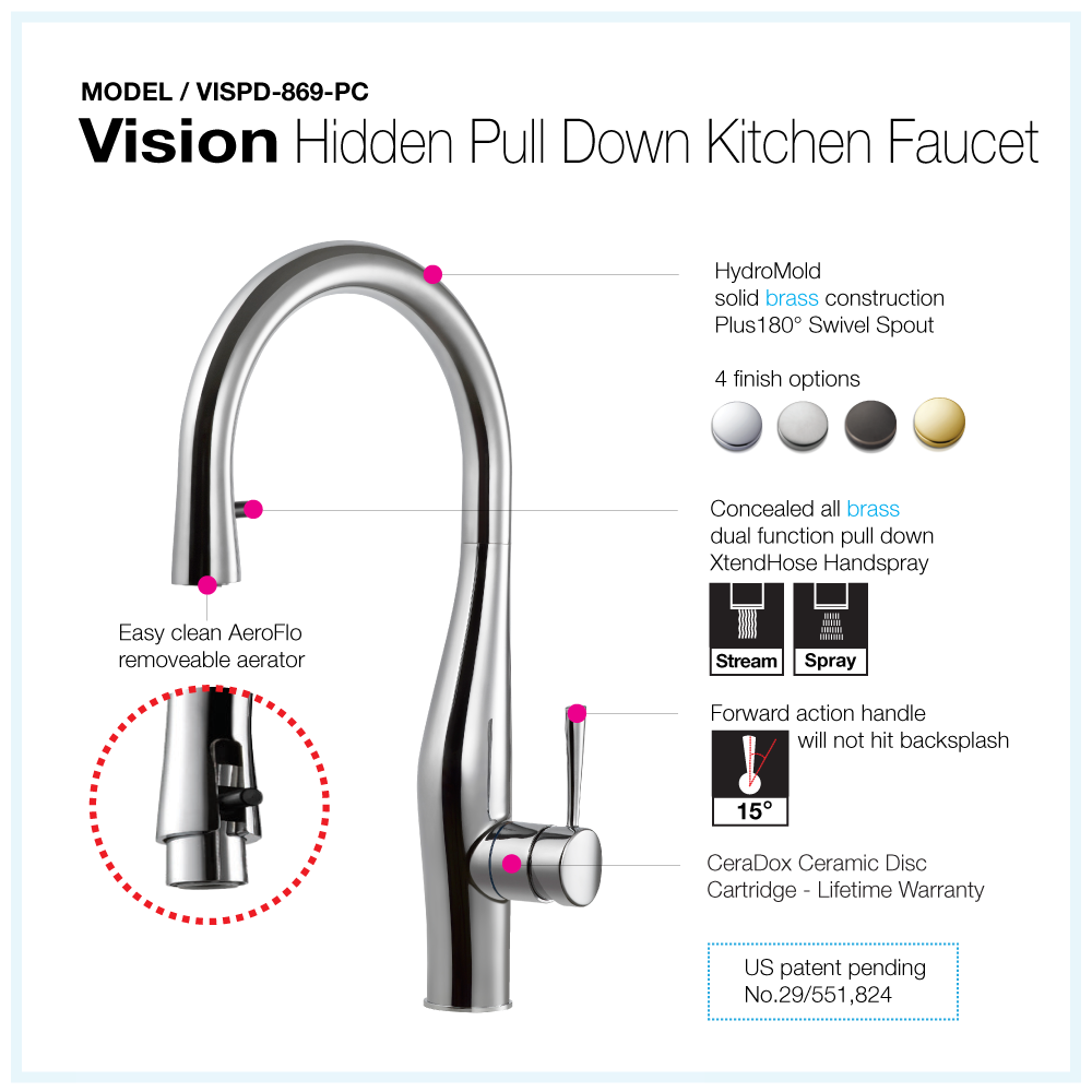 Alternate Image for Houzer Vision Hidden Pull Down Kitchen Faucet with CeraDox Technology Polished Chrome, VISPD-869-PC