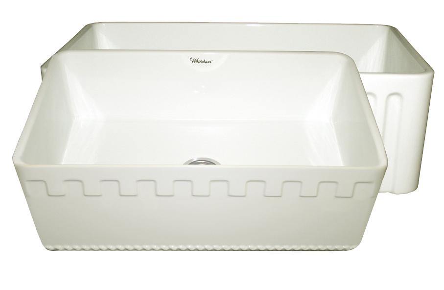 Whitehaus WHFLATN3018-BISCUIT Farmhaus Fireclay Reversible Sink with a Castlehaus Design Front Apron on One Side and Fluted Front Apron on the Opposite Side