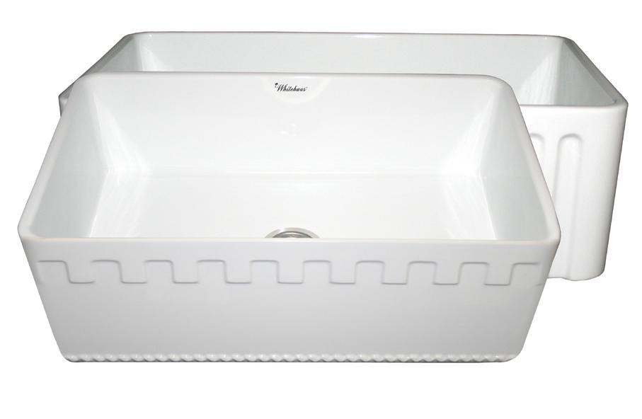 Whitehaus WHFLATN3018-WHITE Farmhaus Fireclay Reversible Sink with a Castlehaus Design Front Apron on One Side and Fluted Front Apron on the Opposite Side