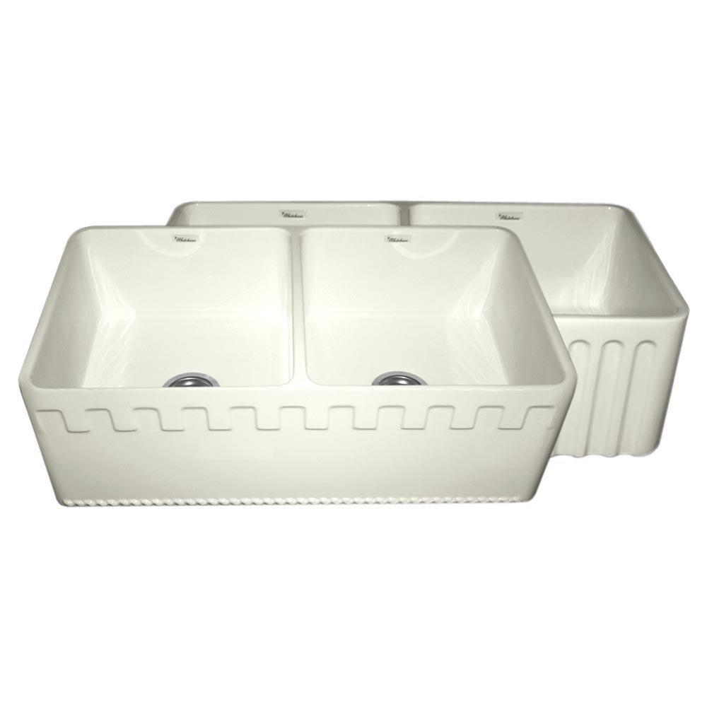 Whitehaus WHFLATN3318-BISCUIT Farmhaus Fireclay Reversible Double Bowl Sink with a Castlehaus Design Front Apron on One Side and Fluted Front Apron on the Opposite Side
