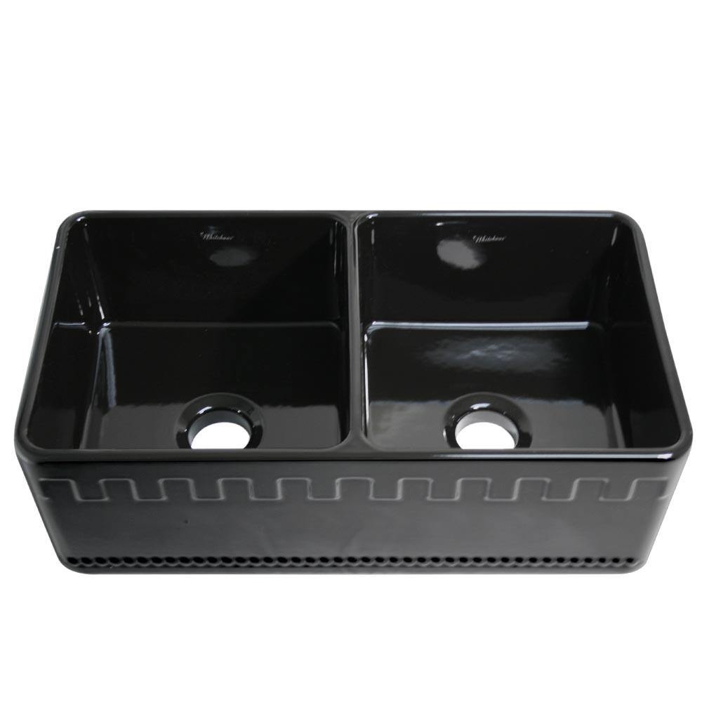 Whitehaus WHFLATN3318-BLACK Farmhaus Fireclay Reversible Double Bowl Sink with a Castlehaus Design Front Apron on One Side and Fluted Front Apron on the Opposite Side
