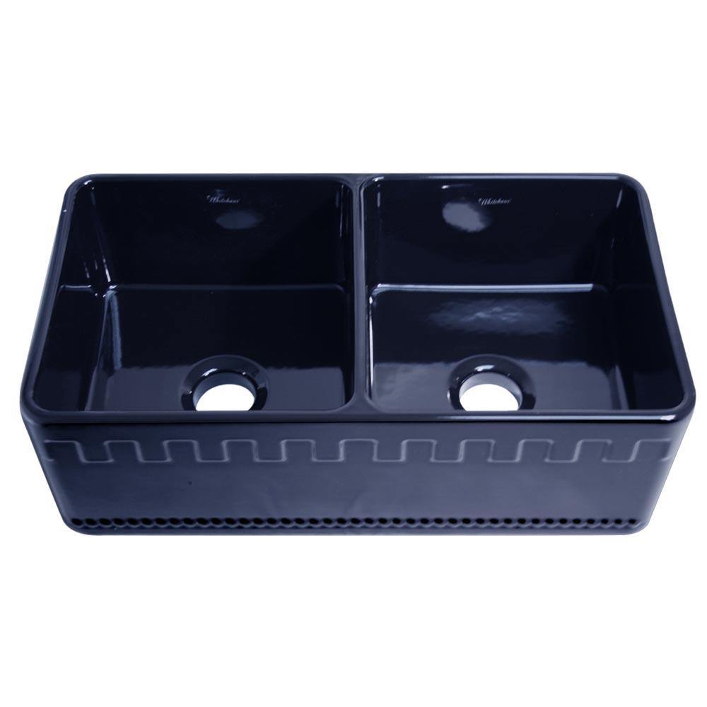 Whitehaus WHFLATN3318-BLUE Farmhaus Fireclay Reversible Double Bowl Sink with a Castlehaus Design Front Apron on One Side and Fluted Front Apron on the Opposite Side