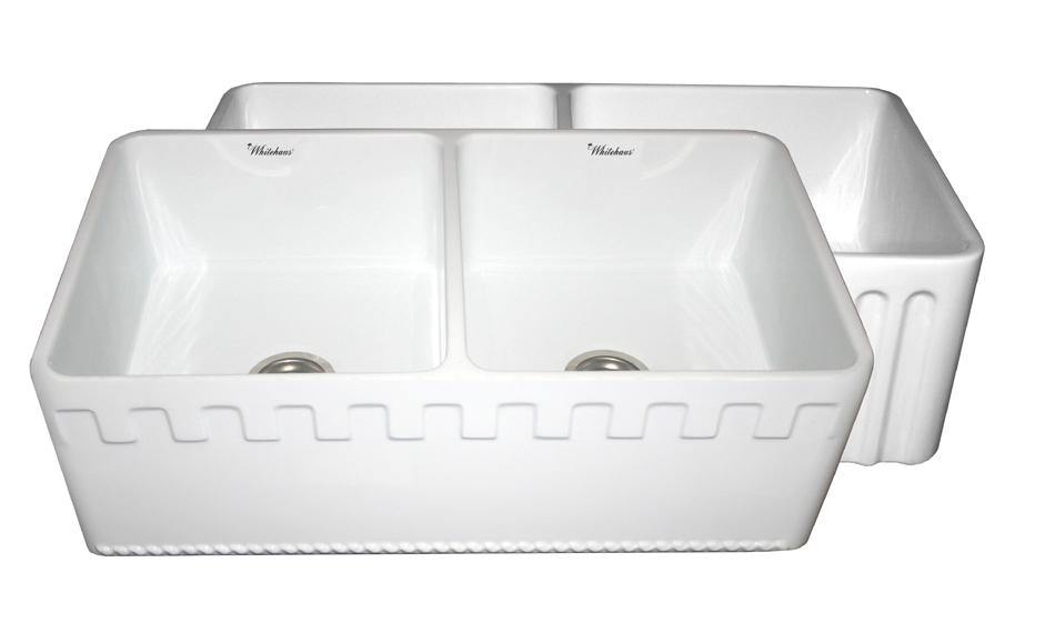 Whitehaus WHFLATN3318-WHITE Farmhaus Fireclay Reversible Double Bowl Sink with a Castlehaus Design Front Apron on One Side and Fluted Front Apron on the Opposite Side