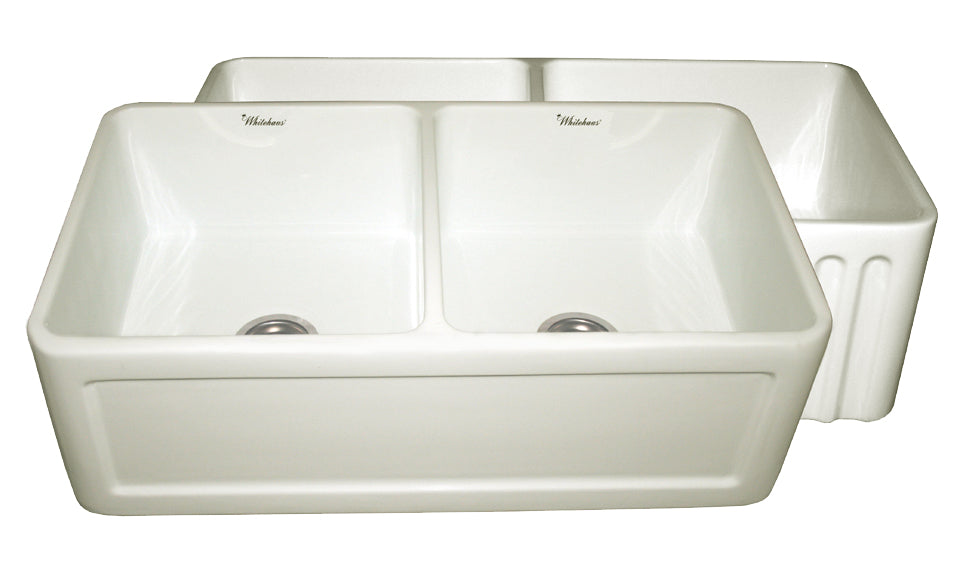 Whitehaus WHFLCON3318-BISCUIT Farmhaus Fireclay Reversible Double Bowl Sink with a Concave Front Apron on One Side and Fluted Front Apron on the Other