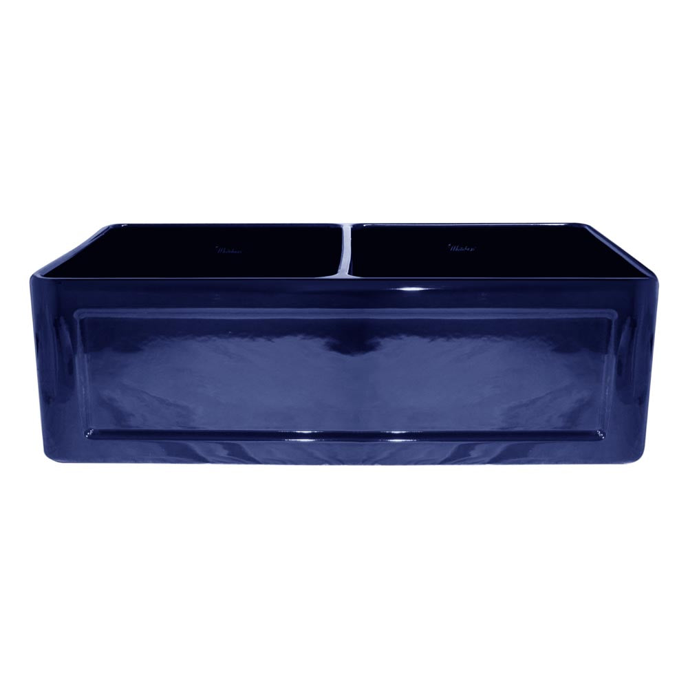 Whitehaus WHFLCON3318-BLUE Farmhaus Fireclay Reversible Double Bowl Sink with a Concave Front Apron on One Side and Fluted Front Apron on the Other
