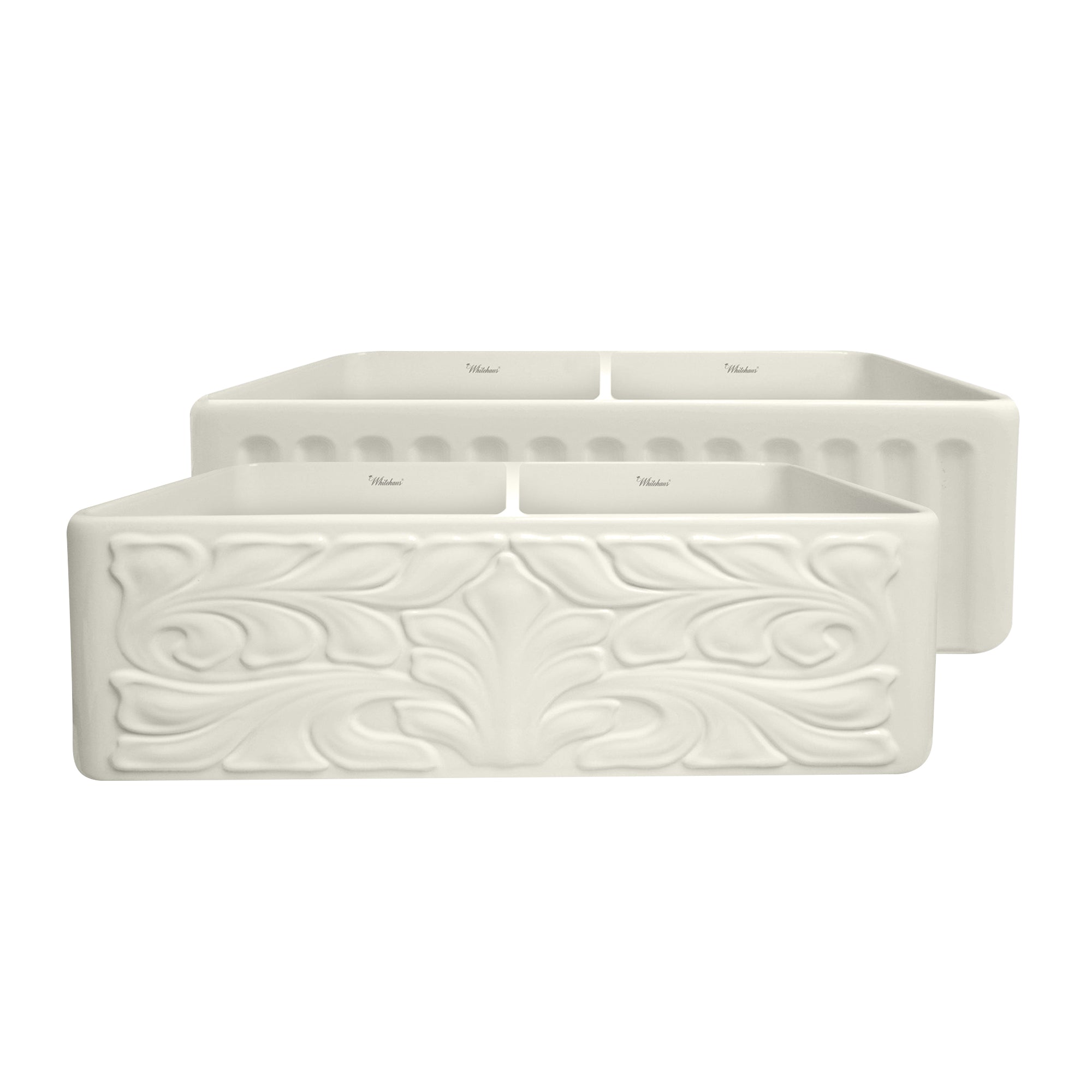Whitehaus 33" Fireclay Double Bowl Farmhouse Apron Sink, Biscuit, WHFLGO3318-BISCUIT Main Image