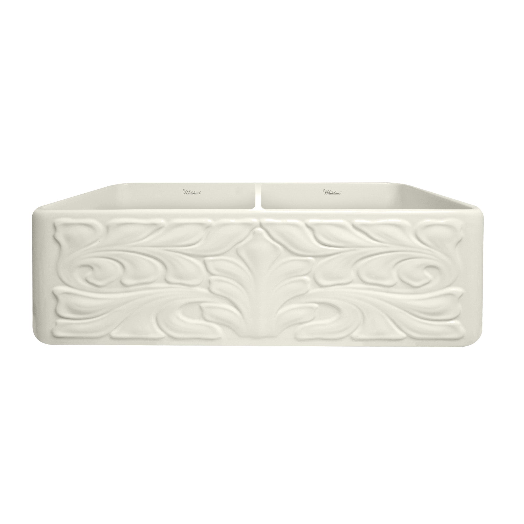 Whitehaus 33" Fireclay Double Bowl Farmhouse Apron Sink, Biscuit, WHFLGO3318-BISCUIT Design Front