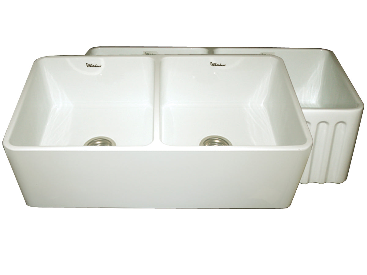 Whitehaus WHFLPLN3318-BISCUIT Farmhaus Fireclay Reversible Double Bowl Kitchen Sink with Smooth Front Apron on One Side and Fluted Front Apron on the Opposite Side