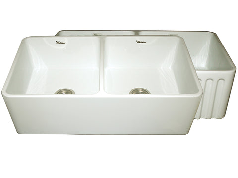 Whitehaus WHFLPLN3318-BISCUIT Farmhaus Fireclay Reversible Double Bowl Kitchen Sink with Smooth Front Apron on One Side  and Fluted Front Apron on the Opposite Side
