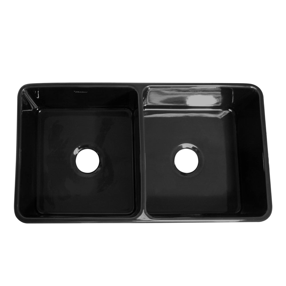 Whitehaus WHFLPLN3318-BLACK Farmhaus Fireclay Reversible Double Bowl Kitchen Sink with Smooth Front Apron on One Side and Fluted Front Apron on the Opposite Side