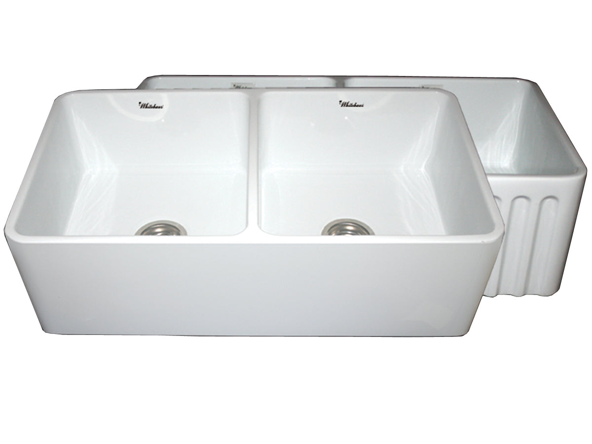 Whitehaus WHFLPLN3318-WHITE Farmhaus Fireclay Reversible Double Bowl Kitchen Sink with Smooth Front Apron on One Side and Fluted Front Apron on the Opposite Side