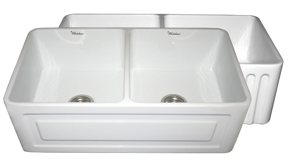 Whitehaus WHFLRPL3318-WHITE Farmhaus Fireclay Reversible Double Bowl Sink with a Raised Panel Front Apron on One Side and Fluted Front Apron on the Opposite Side
