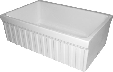 Whitehaus WHQ330-WHITE Farmhaus Fireclay Quatro Alcove Reversible Sink with a Fluted Front Apron and Decorative 2 1/2" Lip on One Side and 2" Lip on the Opposite Side