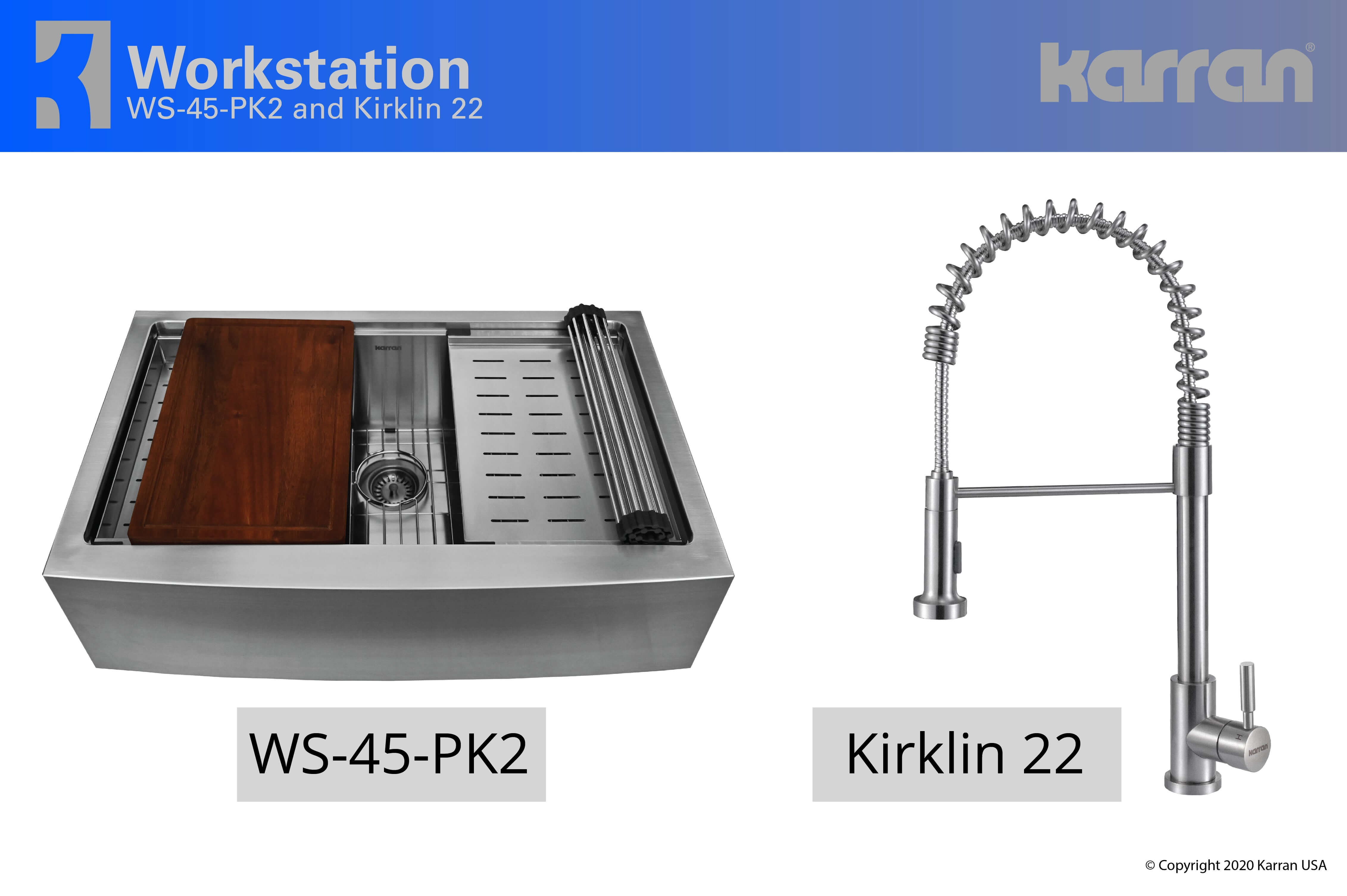 Alternate Image for Karran 33" Stainless Steel Workstation Farmhouse Sink with Faucet and Accessories, 16 Gauge, WS-45-PK2
