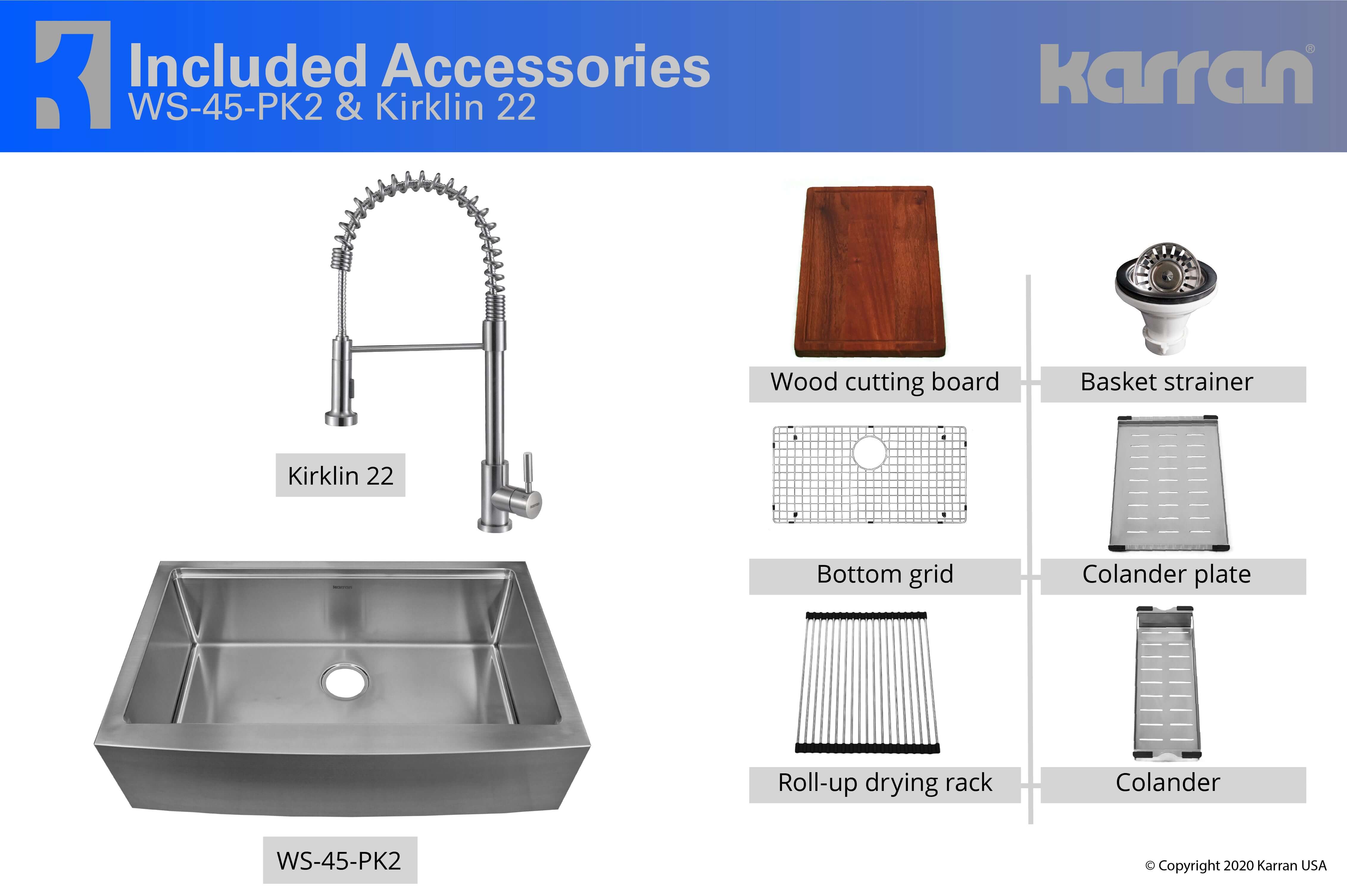 Alternate Image for Karran 33" Stainless Steel Workstation Farmhouse Sink with Faucet and Accessories, 16 Gauge, WS-45-PK2