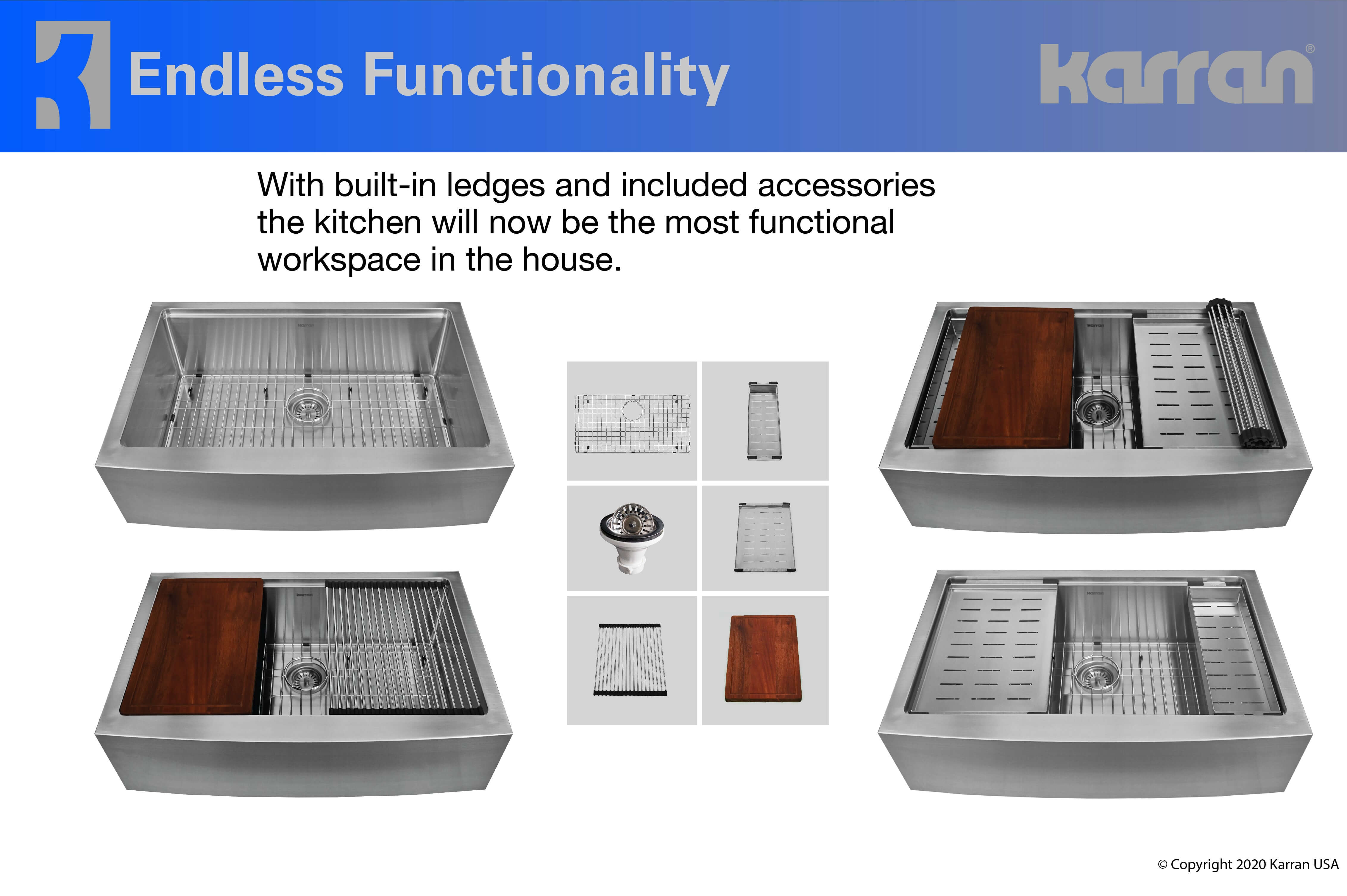 Alternate Image for Karran 33" Stainless Steel Workstation Farmhouse Sink with Faucet and Accessories, 16 Gauge, WS-45-PK2