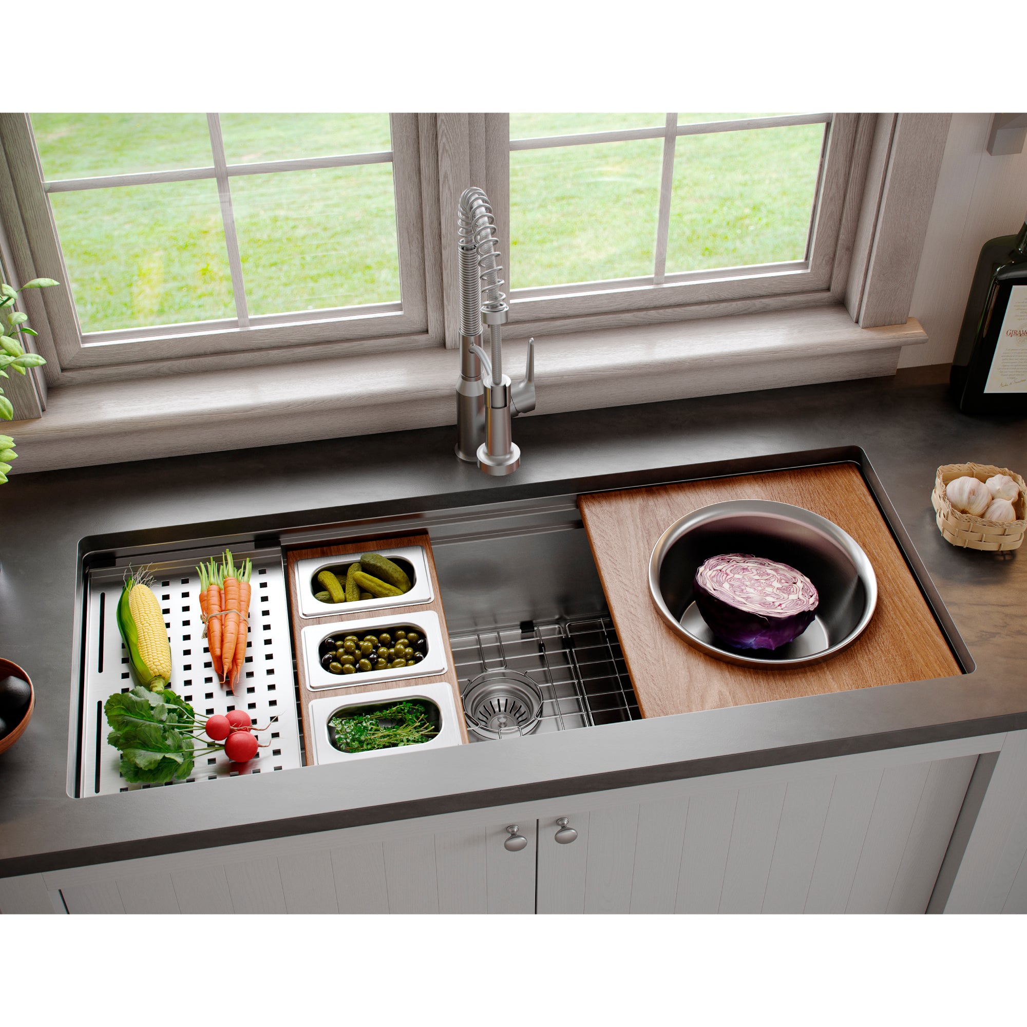 Alternate Image for Karran 45" Undermount Stainless Steel Workstation Kitchen Sink with Accessories, 16 Gauge, WS-100-PK1