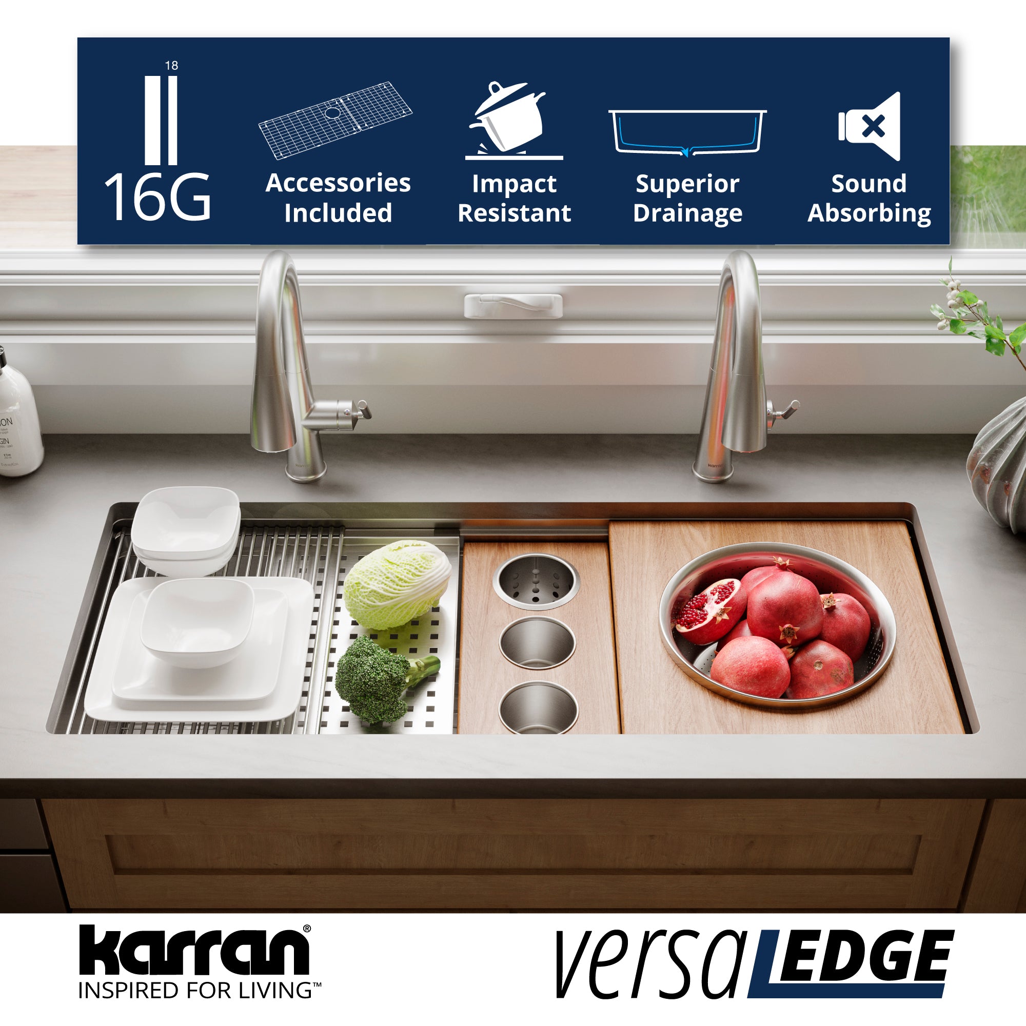Alternate Image for Karran 45" Undermount Stainless Steel Workstation Kitchen Sink with Accessories, 16 Gauge, WS-100-PK1
