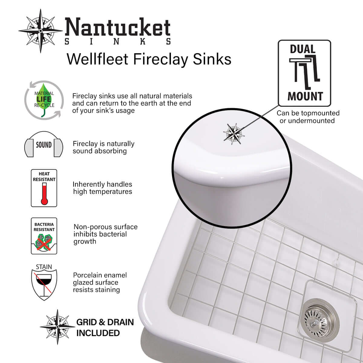 Alternate Image for Nantucket Sinks Cape 32" Fireclay Kitchen Sink, White, Wellfleet-3218W