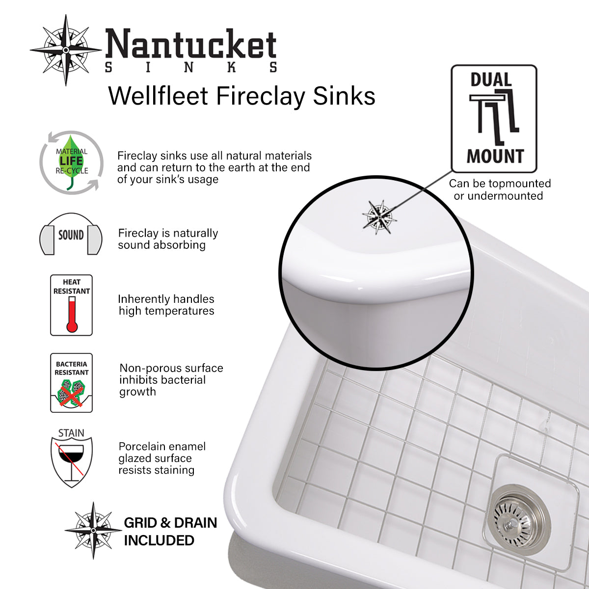 Alternate Image for Nantucket Sinks Cape 27" Fireclay Kitchen Sink, White, Wellfleet-2719W