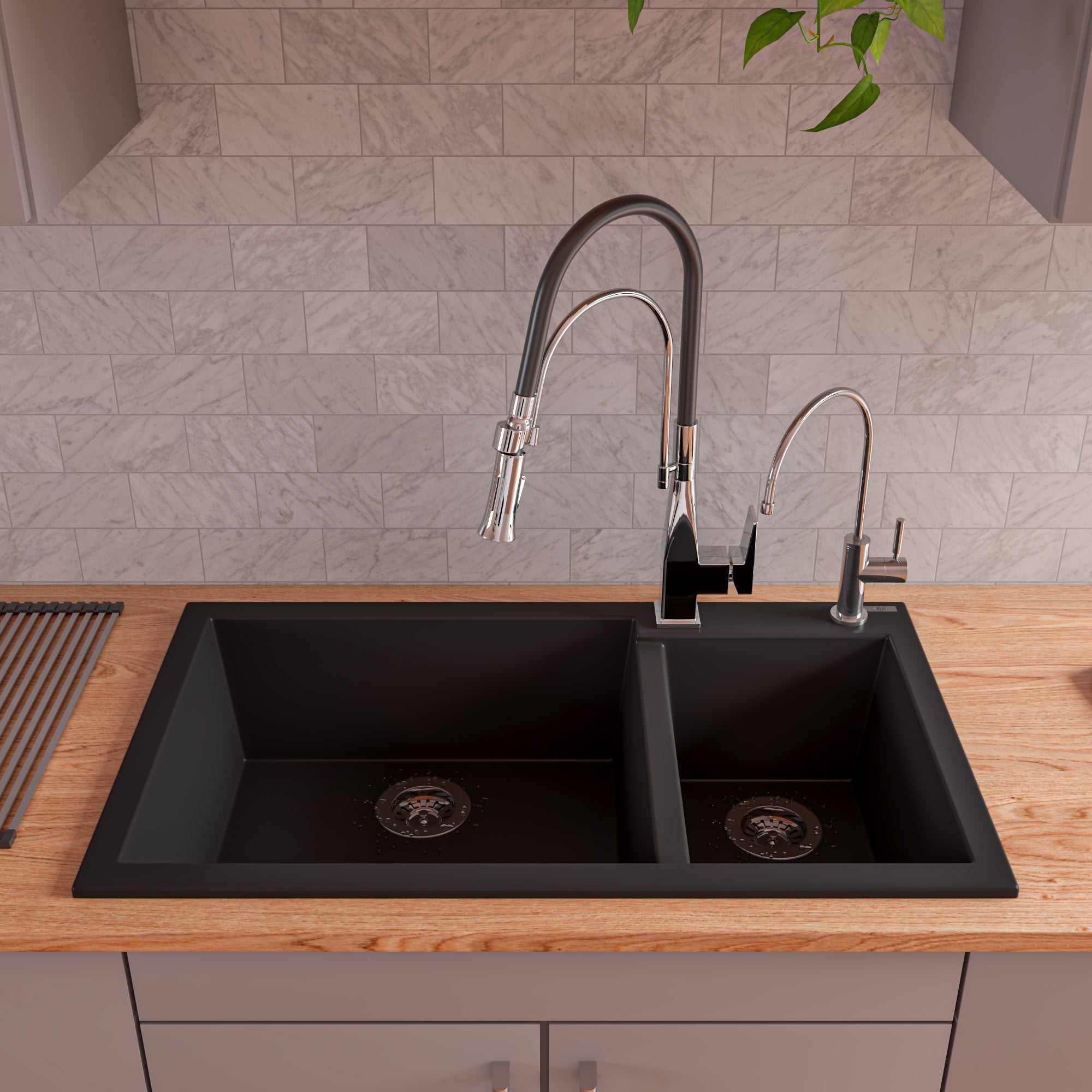 ALFI Black 34" Double Bowl Drop In Granite Composite Kitchen Sink, AB3319DI-BLA