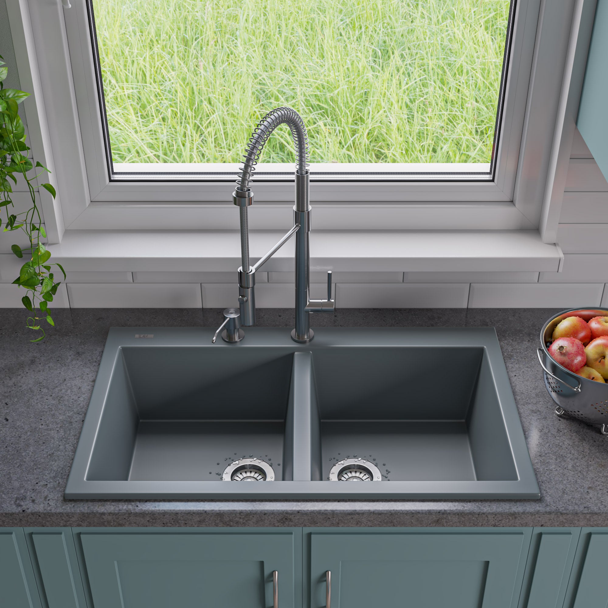 Alternate Image for ALFI brand AB3420DI-T Titanium 34" Drop-In Double Bowl Granite Composite Kitchen Sink
