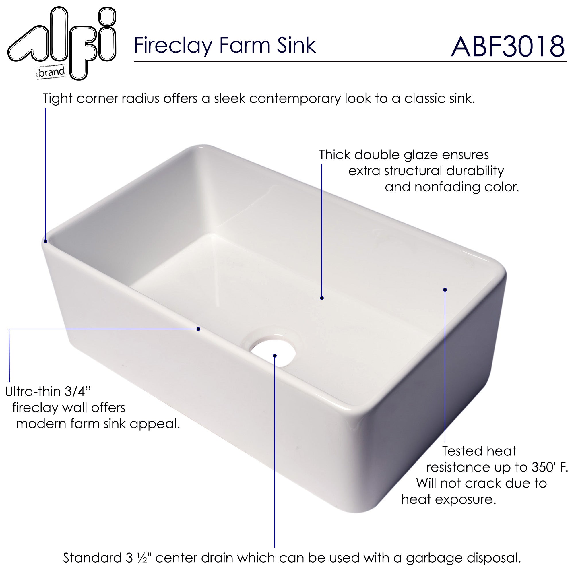 Alternate Image for ALFI brand 30" Fireclay Farmhouse Sink, White, ABF3018-W