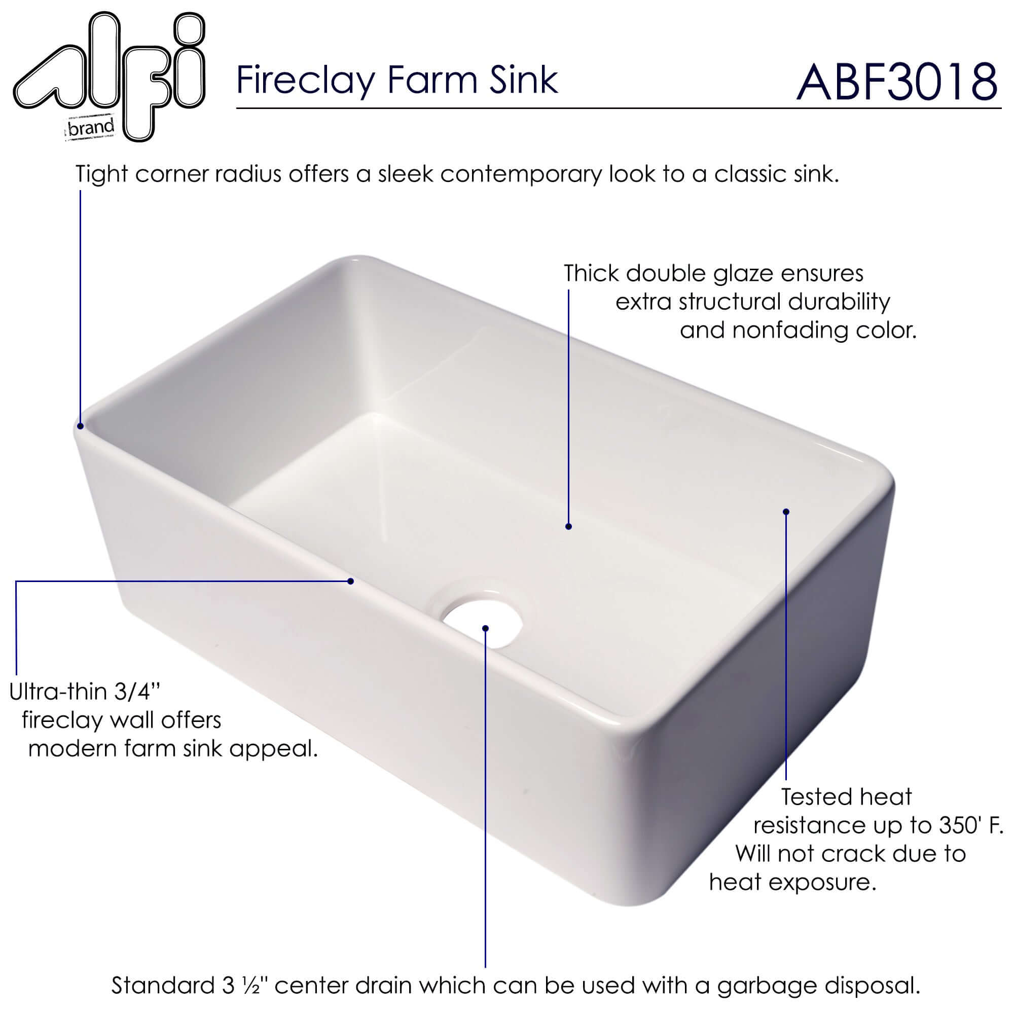 Alternate Image for ALFI brand 30" Fireclay Farmhouse Sink, White, ABF3018-W