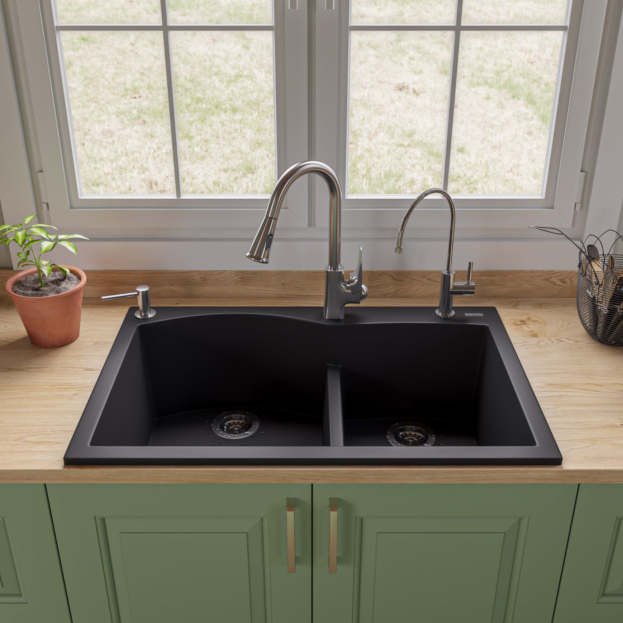 ALFI Black 33" Double Bowl Drop In Granite Composite Kitchen Sink, AB3320DI-BLA