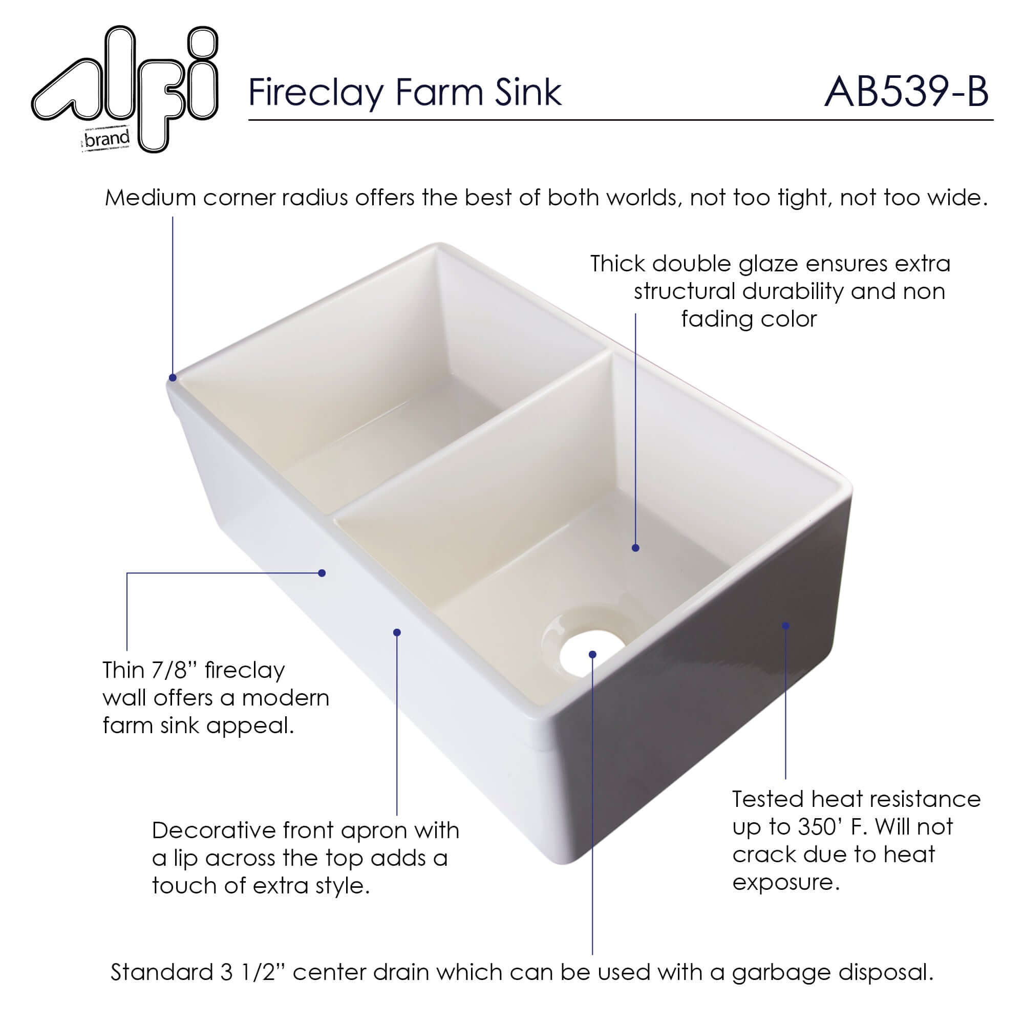 Alternate Image for ALFI 32" Double Bowl Fireclay Farmhouse Apron Sink, Biscuit, AB539-B