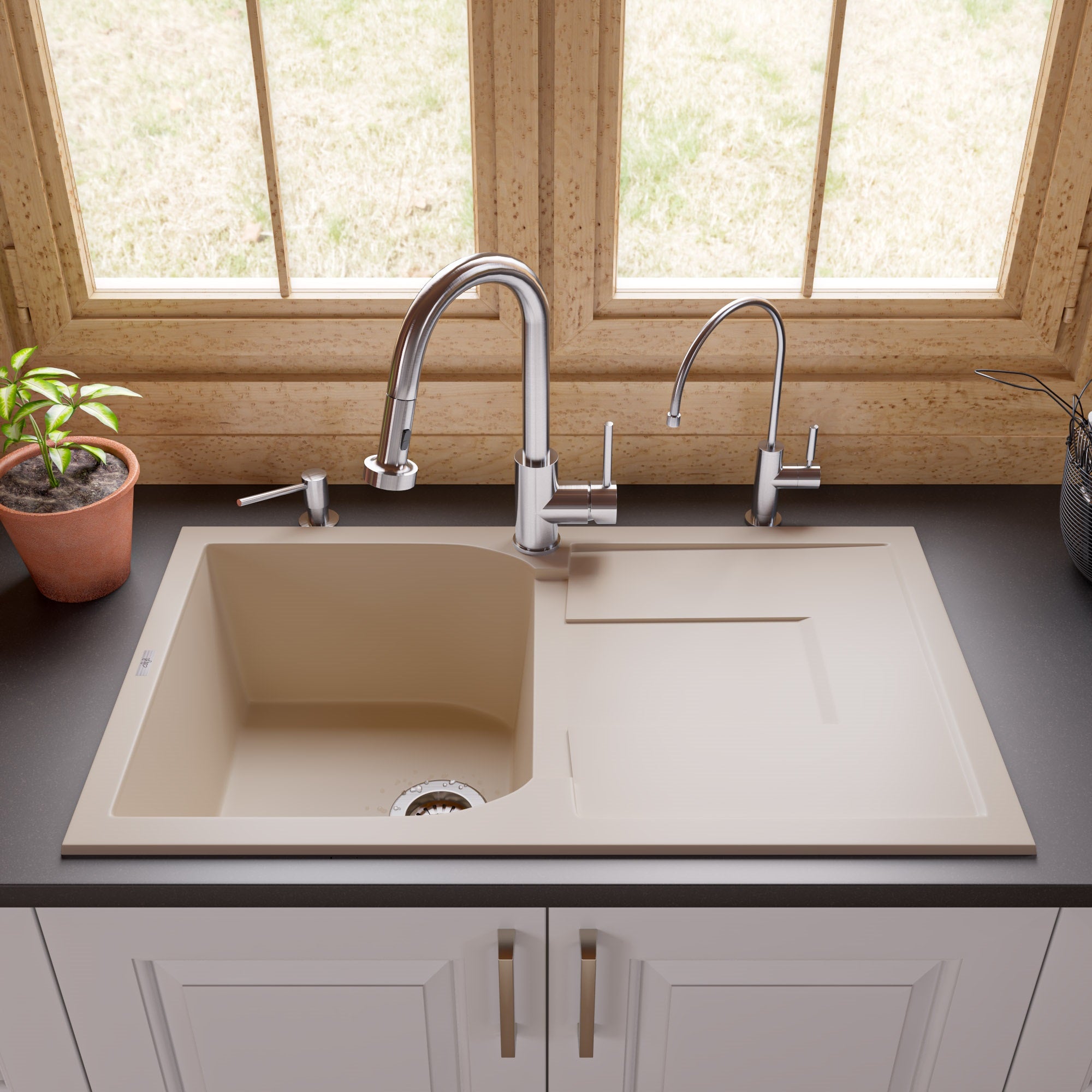ALFI 34" Single Bowl Granite Composite Kitchen Sink with Drainboard, Biscuit, AB1620DI-B