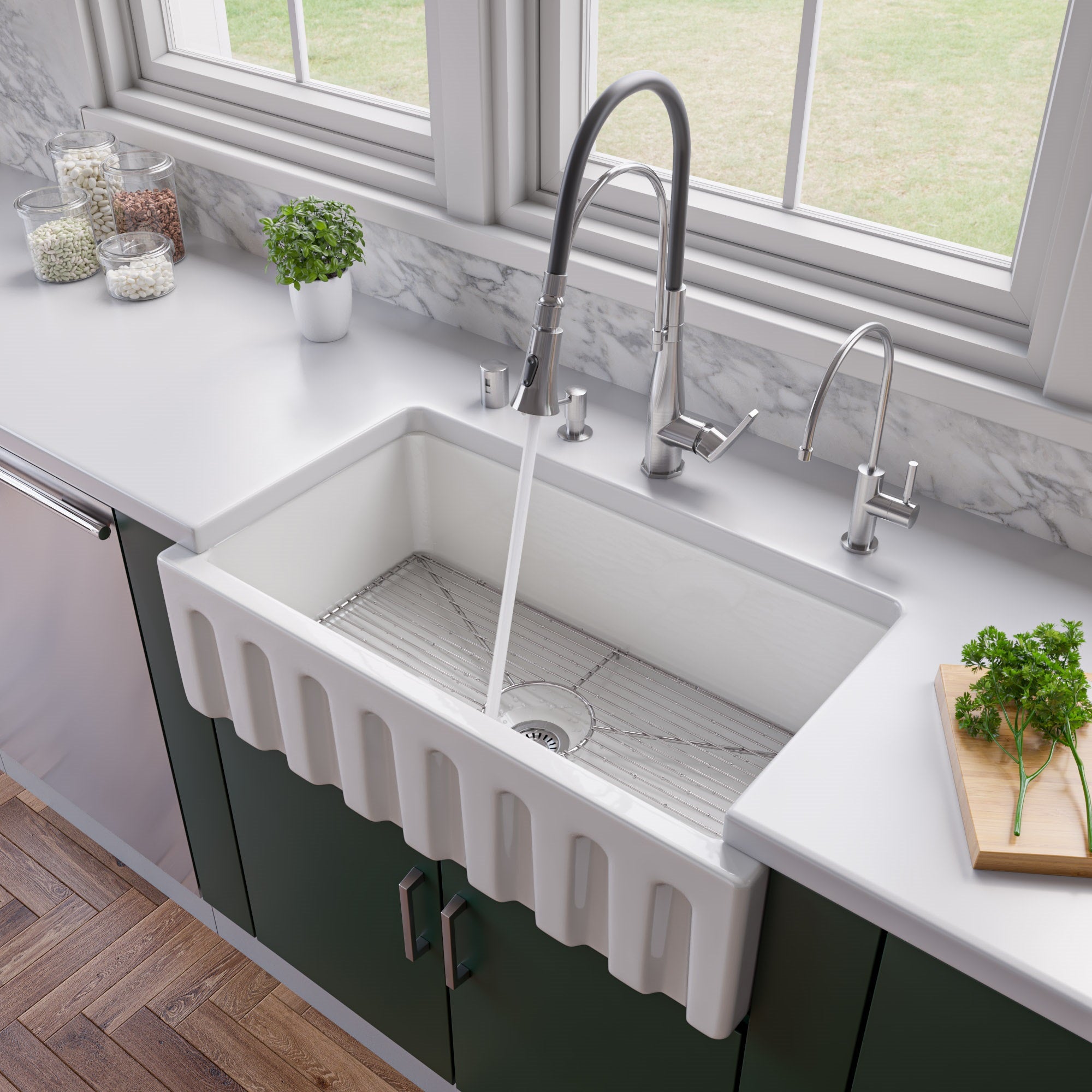 ALFI 33" Fireclay Farmhouse Kitchen Sink, Single Bowl, Reversible, White, AB3318HS-W