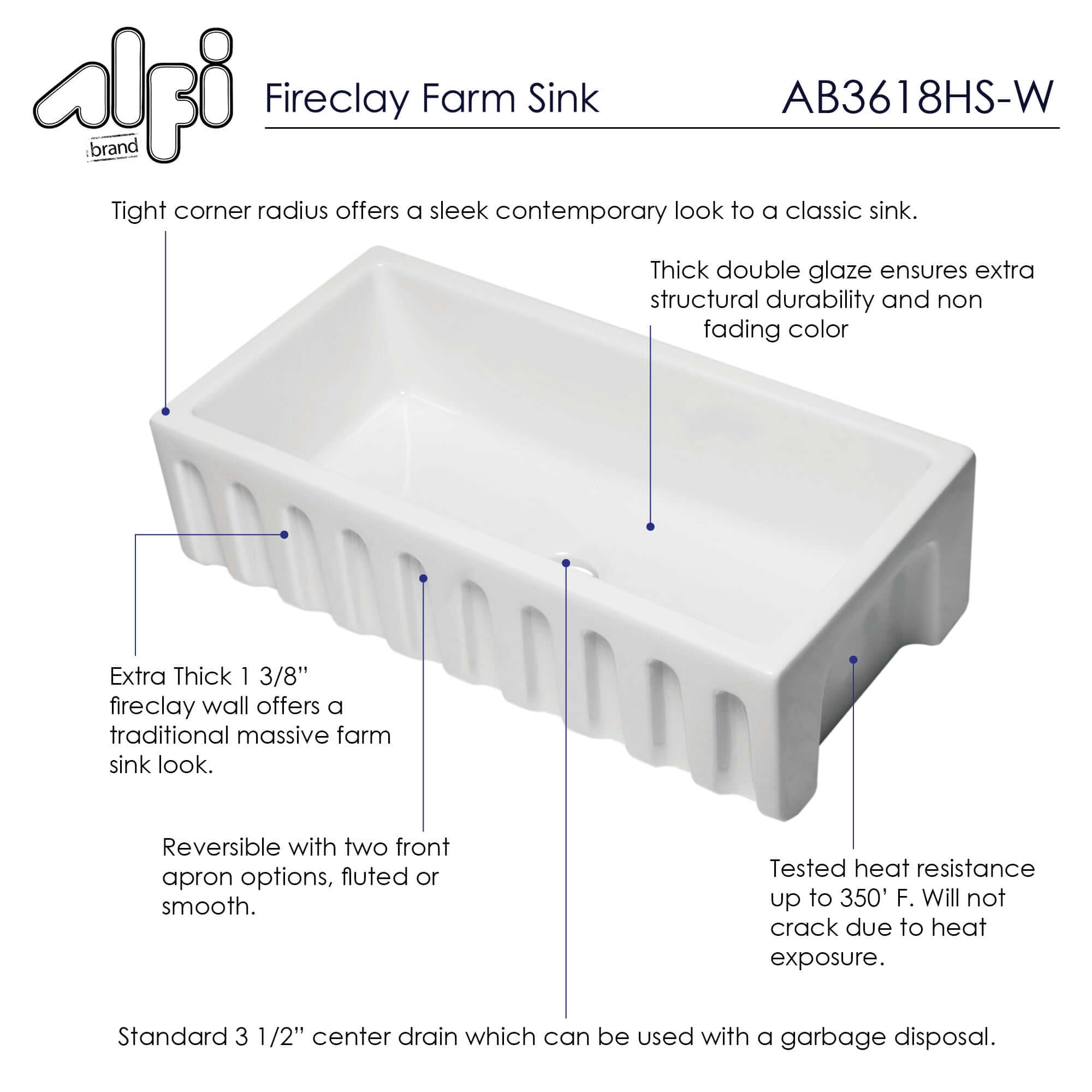 Alternate Image for ALFI 36" Single Bowl Fireclay Farmhouse Kitchen Sink, White, Reversible, AB3618HS-W