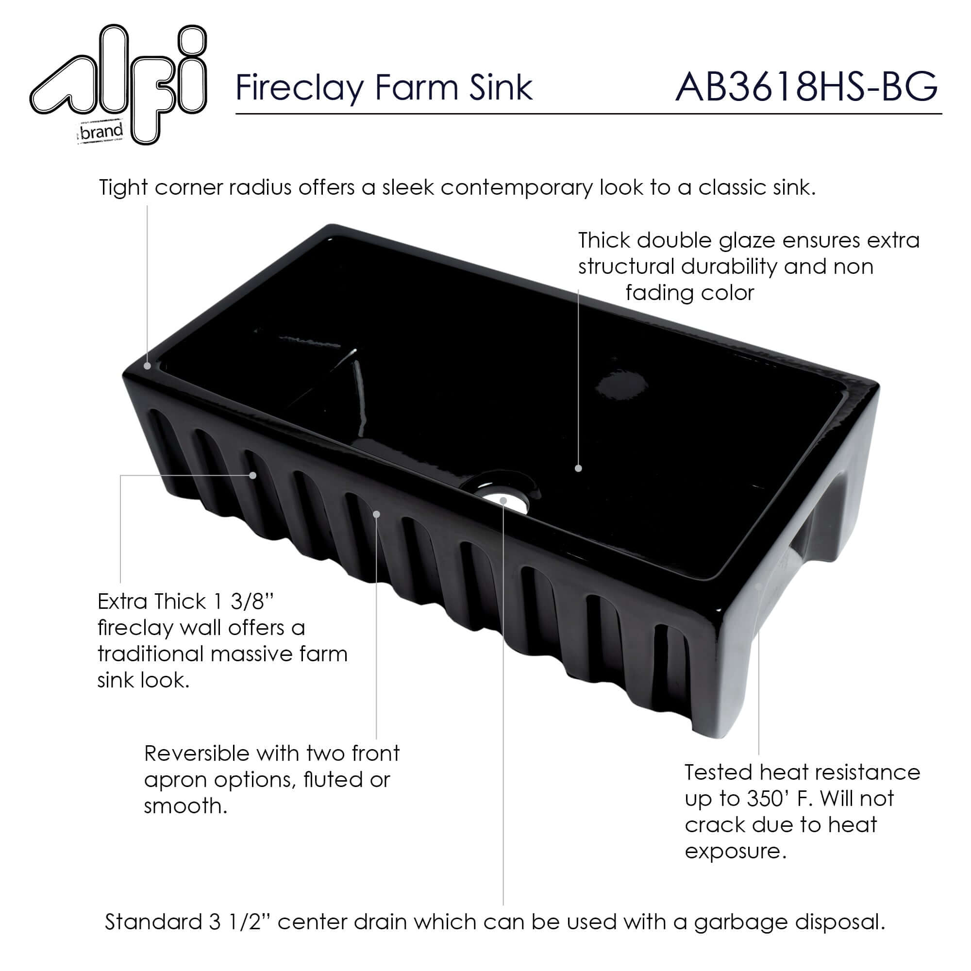 Alternate Image for ALFI 36" Single Bowl Fireclay Farmhouse Kitchen Sink, Black Gloss, Reversible, AB3618HS-BG