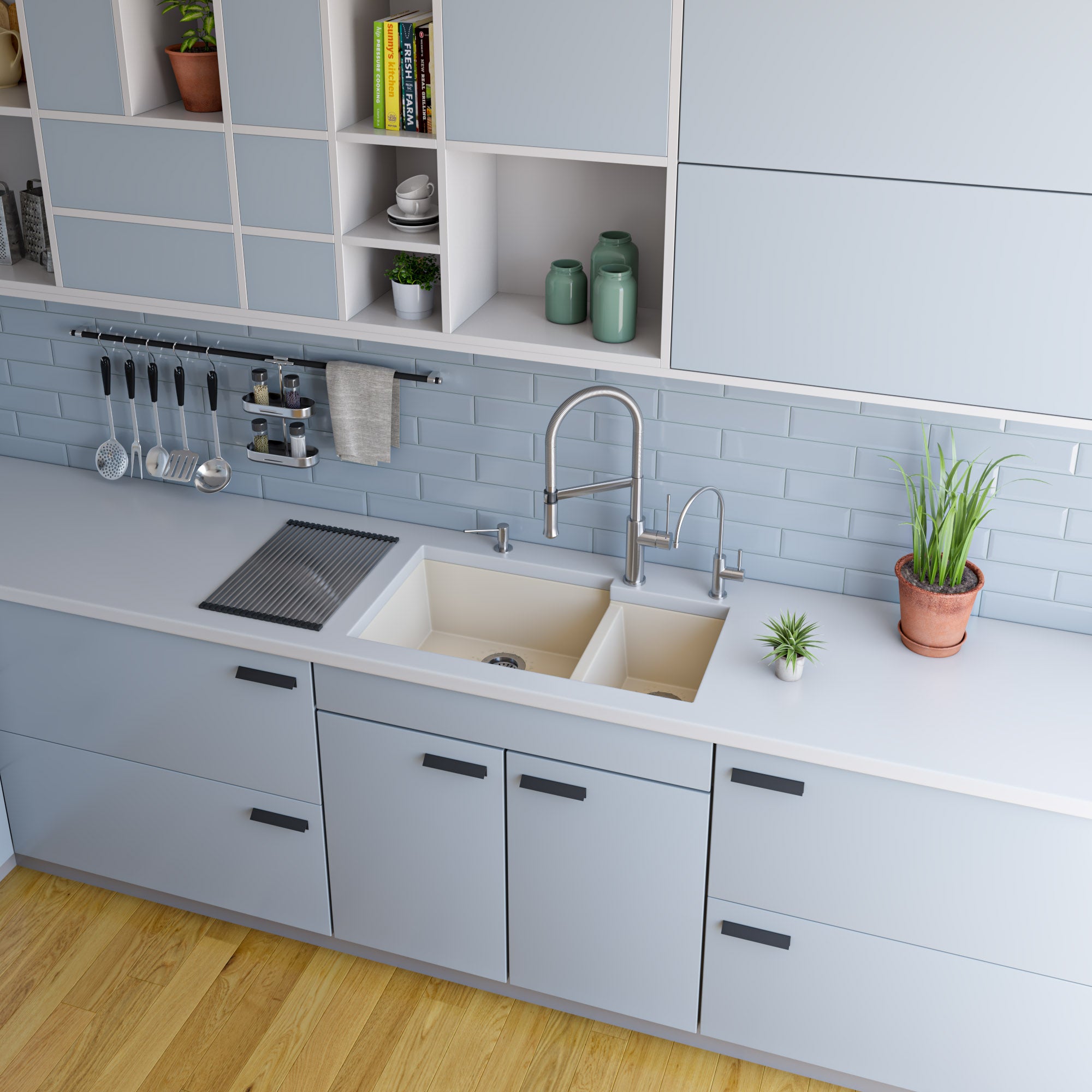 Alternate Image for ALFI Biscuit 34" Double Bowl Undermount Granite Composite Kitchen Sink, AB3319UM-B