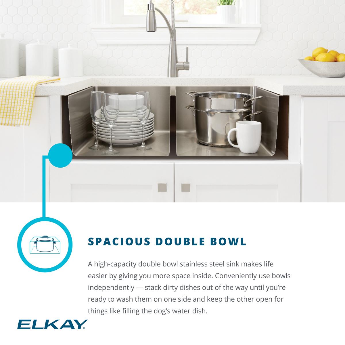 Alternate Image for Elkay Crosstown 33" Stainless Steel Kitchen Sink, 55/45 Double Bowl, 18 Gauge, Polished Satin, ECTRUD31199R2