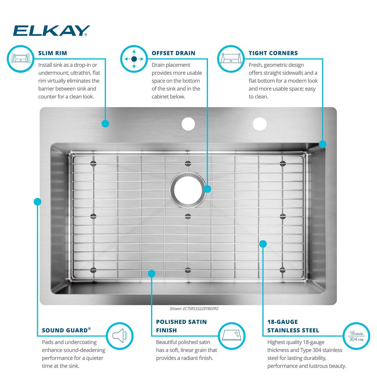 Alternate Image for Elkay Crosstown 33" Stainless Steel Kitchen Sink Kit, Polished Satin, FR2 Faucet Hole, ECTSRS33229TBGFR2