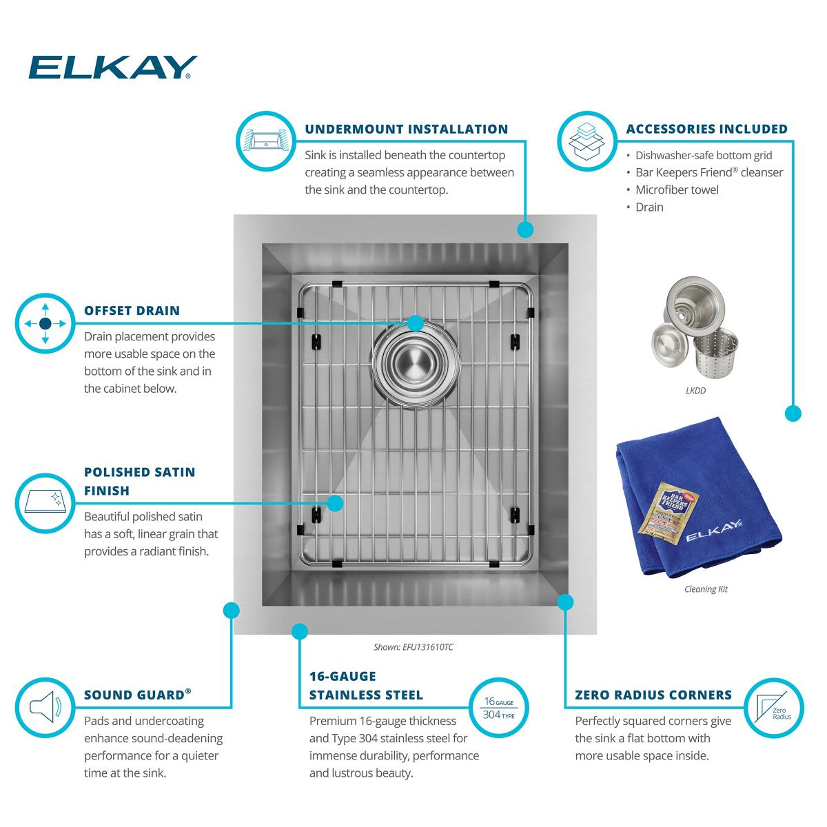 Alternate Image for Elkay Crosstown 16" Stainless Steel Kitchen Sink, 16 Gauge, Polished Satin, EFU131610TC
