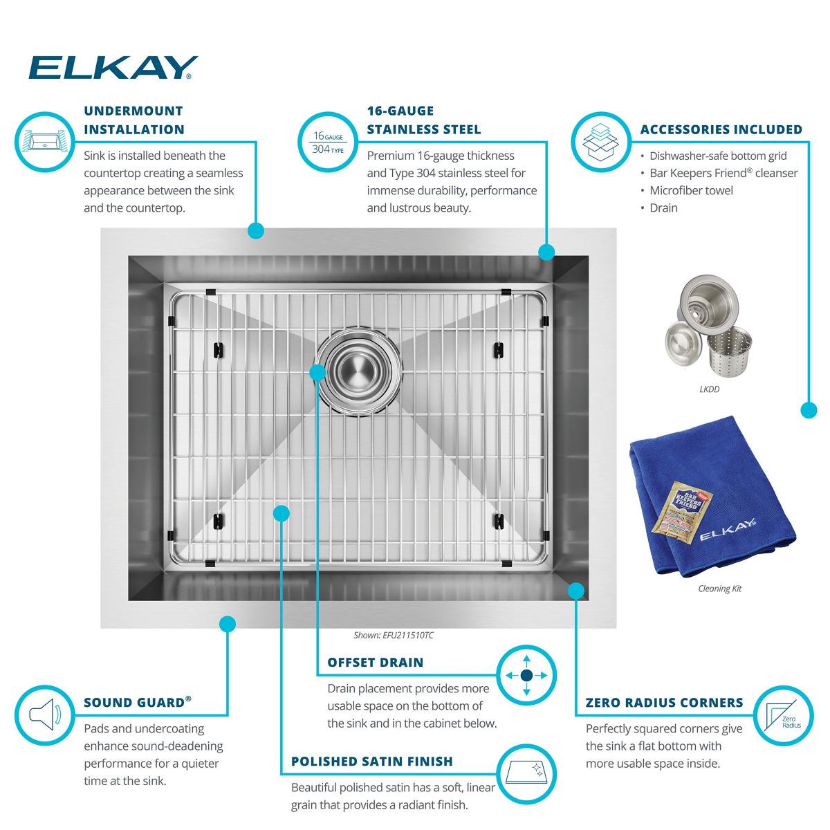 Alternate Image for Elkay Crosstown 24" Stainless Steel Kitchen Sink, 16 Gauge, Polished Satin, EFU211510TC