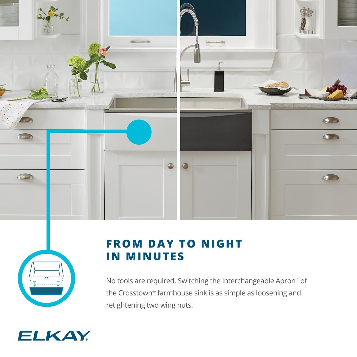Alternate Image for Elkay Crosstown 36" Stainless Steel Farmhouse Kitchen Sink for Interchangeable Apron, 16 Gauge, Polished Satin, CTXF134179R