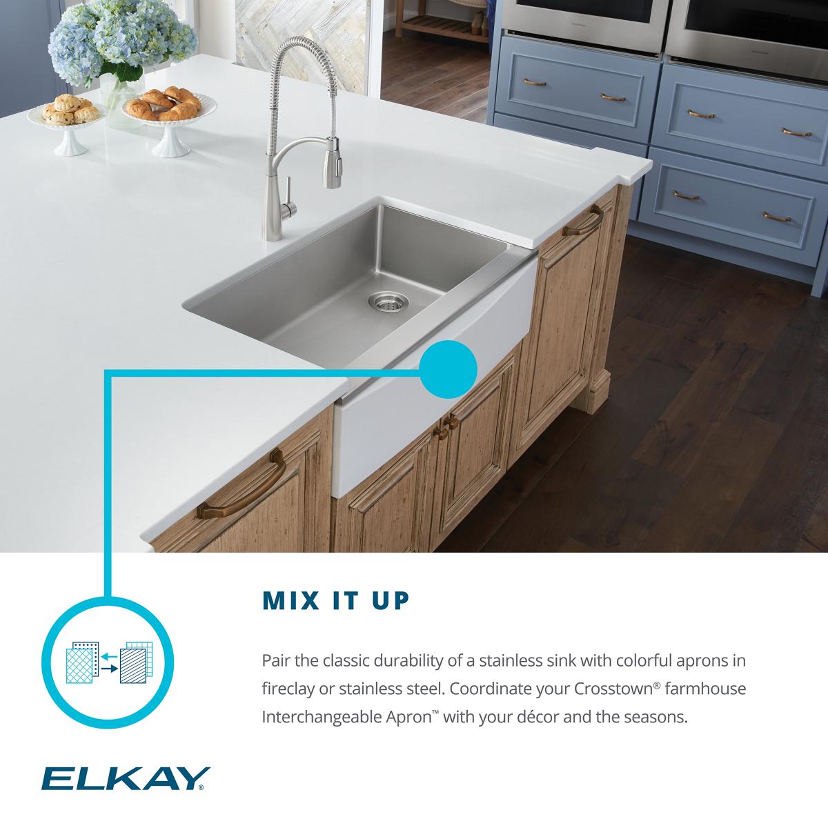 Alternate Image for Elkay Crosstown 36" Stainless Steel Farmhouse Kitchen Sink for Interchangeable Apron, 16 Gauge, Polished Satin, CTXF134179R