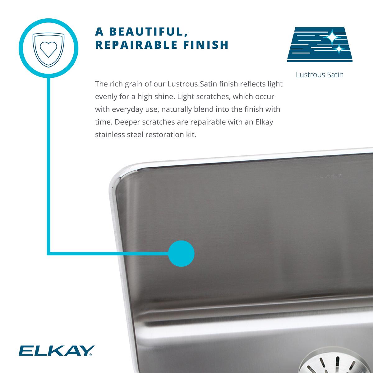 Alternate Image for Elkay Lustertone Classic 17" Stainless Steel Kitchen Sink, 18 Gauge, Lustrous Satin, 2 Faucet Hole, LR17222