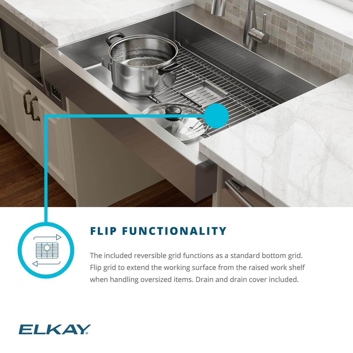 Alternate Image for Elkay 36" Stainless Steel ADA Compliant Workstation Farmhouse Sink, Polished Satin, 1 Faucet Hole, ELDSSF36279DBG