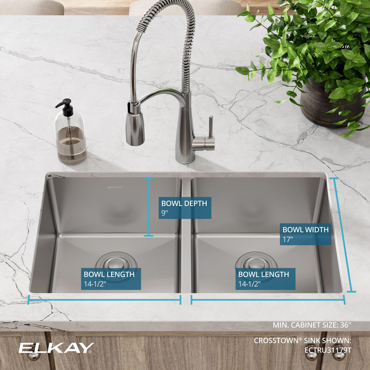 Alternate Image for Elkay Crosstown 32" Stainless Steel Kitchen Sink, 50/50 Double Bowl, 18 Gauge, Polished Satin, ECTRU31179T