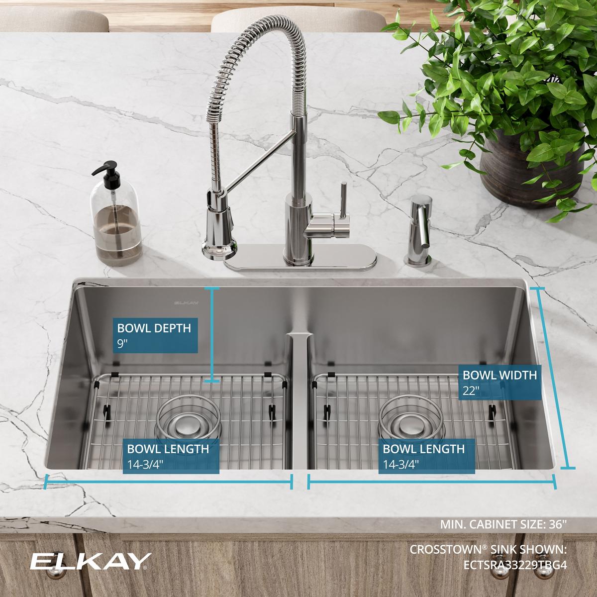 Alternate Image for Elkay Crosstown 33" Stainless Steel Kitchen Sink, 50/50 Double Bowl, 18 Gauge, Sink Kit, Polished Satin, 4 Faucet Hole, ECTSRA33229TBG4