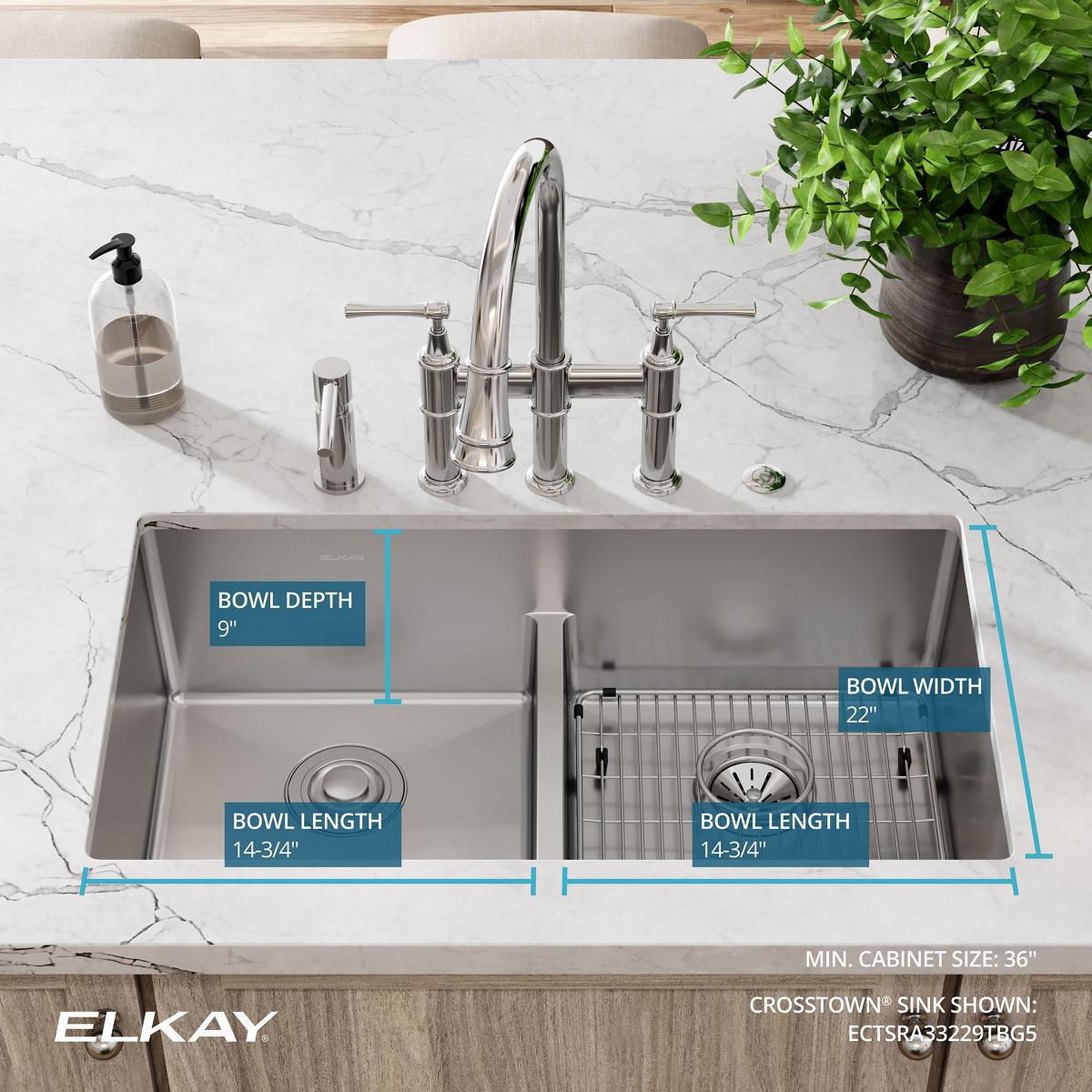 Alternate Image for Elkay Crosstown 33" Stainless Steel Kitchen Sink, 50/50 Double Bowl, 18 Gauge, Sink Kit, Polished Satin, 5 Faucet Hole, ECTSRA33229TBG5